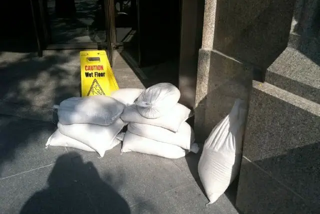 Sandbags outside a Zone A apartment building